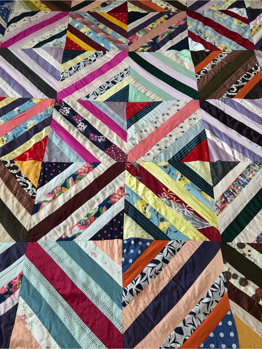 Vintage Handmade Satin String Quilt 62x96 Boho Patchwork Bed Throw